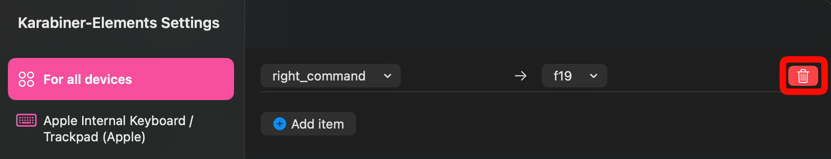 Karabiner-Elements 설정에서 right_command를 f19로 바꾸는 항목을 삭제하는 모습